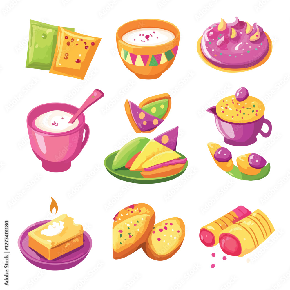 Fototapeta premium Colorful Holi-Themed Food Icons with Sweets and Drinks, Holi