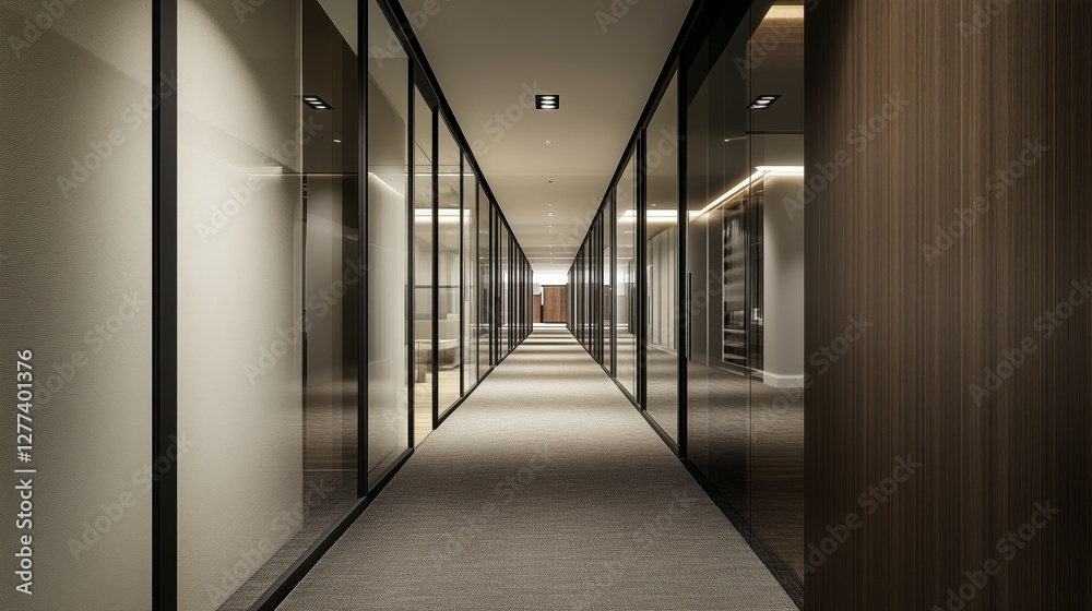 A narrow office corridor with soft carpeting, glass partitions, and an inviting ambiance