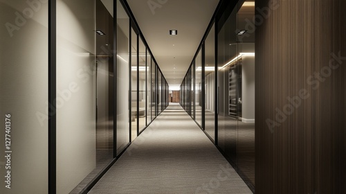 Obraz na płótnie A narrow office corridor with soft carpeting, glass partitions, and an inviting ambiance w salonie