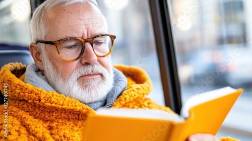 Elderly man immersed in a book while traveling on a city bus