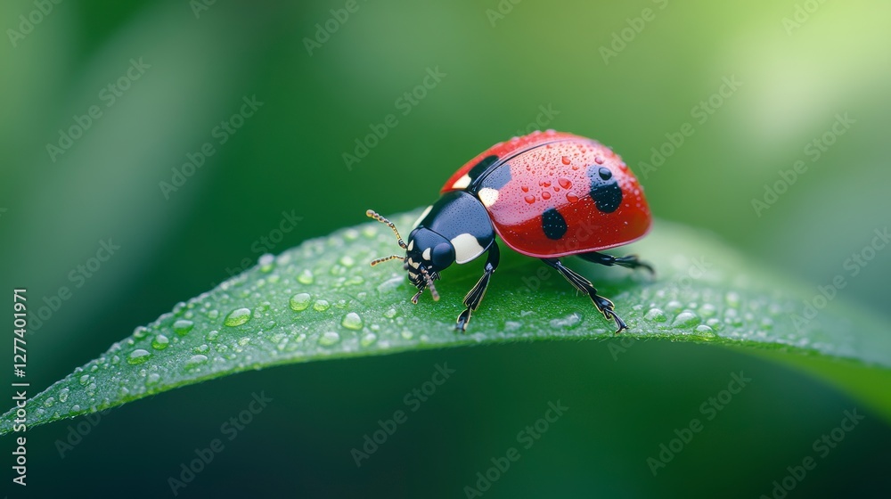 A vibrant ladybug perched on a dewy green leaf, showcasing nature's beauty in a serene environment A vibrant ladybug perched on a dewy green leaf, showcasing nature's beauty in a serene environment