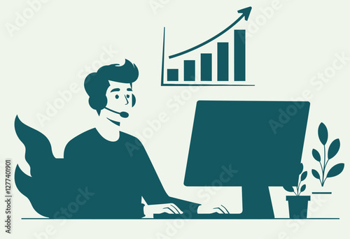 Reliable Tech Support: Smiling Technician & Client Achieve Success with Upward Trending Satisfaction - Blue & Green

