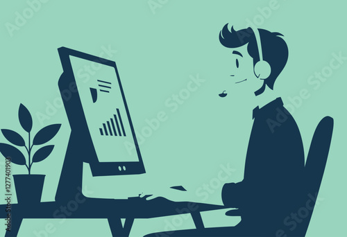 Success Through Tech Support: Smiling Technician Guides Customer to Positive Outcomes - Modern Blue & Green

