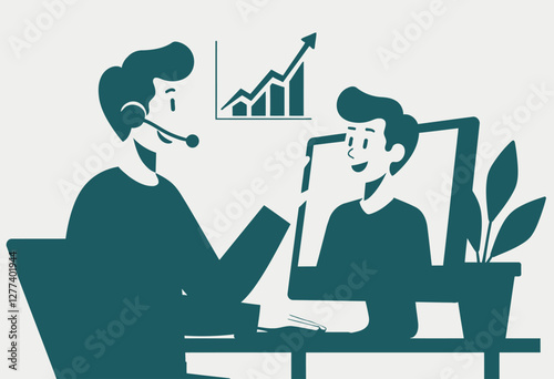 Trustworthy Tech Support: Smiling Technician Helping Customer Reach Success with Modern Blue & Green Visuals

