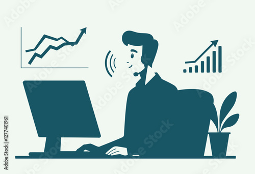 Smiling Tech Support Helping Customer: Modern, Blue & Green Imagery Symbolizing Success & Trust with Rising Satisfaction Charts

