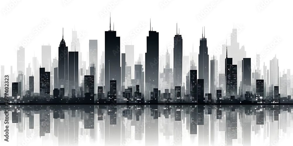 Fototapeta premium Monochrome Cityscape Reflection, A Symphony of Urban Silhouettes