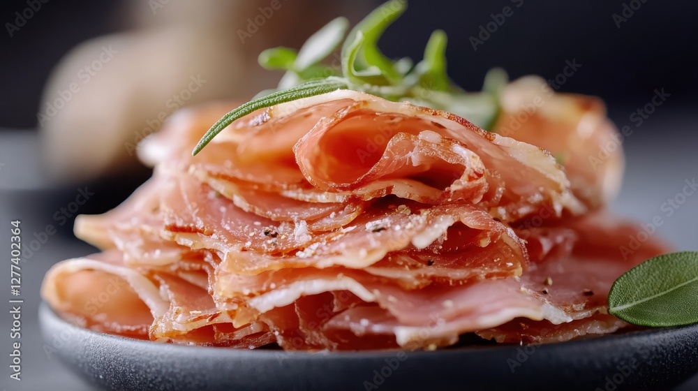 Delicate slices of ham displayed artistically on a dark backdrop Delicate slices of ham displayed artistically on a dark backdrop