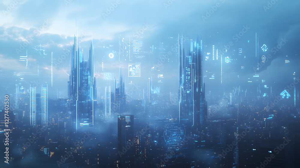 Fototapeta premium Futuristic Cityscape with Holographic Data Overlay