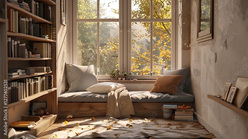 A cozy reading corner with a window seat, built-in shelves, and soft cushions in A cozy reading corner with a window seat, built-in shelves, and soft cushions in