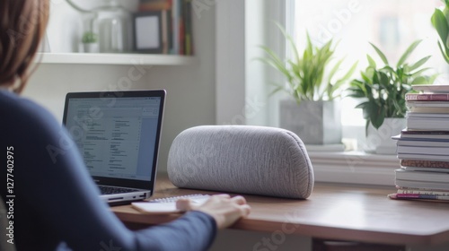 Chronic back pain depicted by a person carefully adjusting a lumbar pillow while working at a desk in a home office. Featuring ergonomic aids