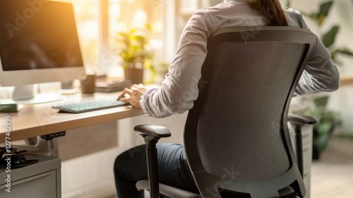 Wallpaper Mural Chronic back pain depicted by a person adjusting their office chair's lumbar support while seated at a desk. Featuring ergonomic solutions Torontodigital.ca