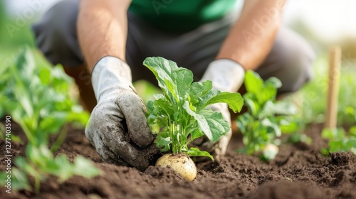 Growing organic potatoes in the sunlit field during planting season