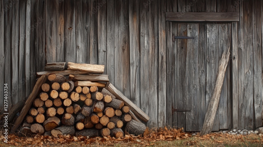 Neatly stacked firewood rests against a weathered wooden wall, embodying the warmth and rustic charm of natural simplicity and craftsmanship. Neatly stacked firewood rests against a weathered wooden wall, embodying the warmth and rustic charm of natural simplicity and craftsmanship.