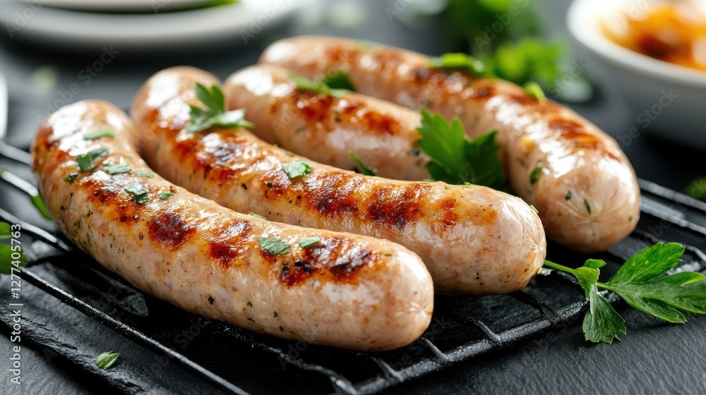 Succulent pork chipolatas sizzling in a frying pan on a stone backdrop Succulent pork chipolatas sizzling in a frying pan on a stone backdrop
