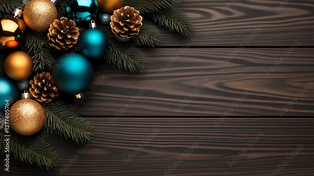 Festive Christmas background with pine branches, cones, and ornaments on dark wood. High-res, hyper-realistic flat lay for ads, blogs, and celebrations. Festive Christmas background with pine branches, cones, and ornaments on dark wood. High-res, hyper-realistic flat lay for ads, blogs, and celebrations.