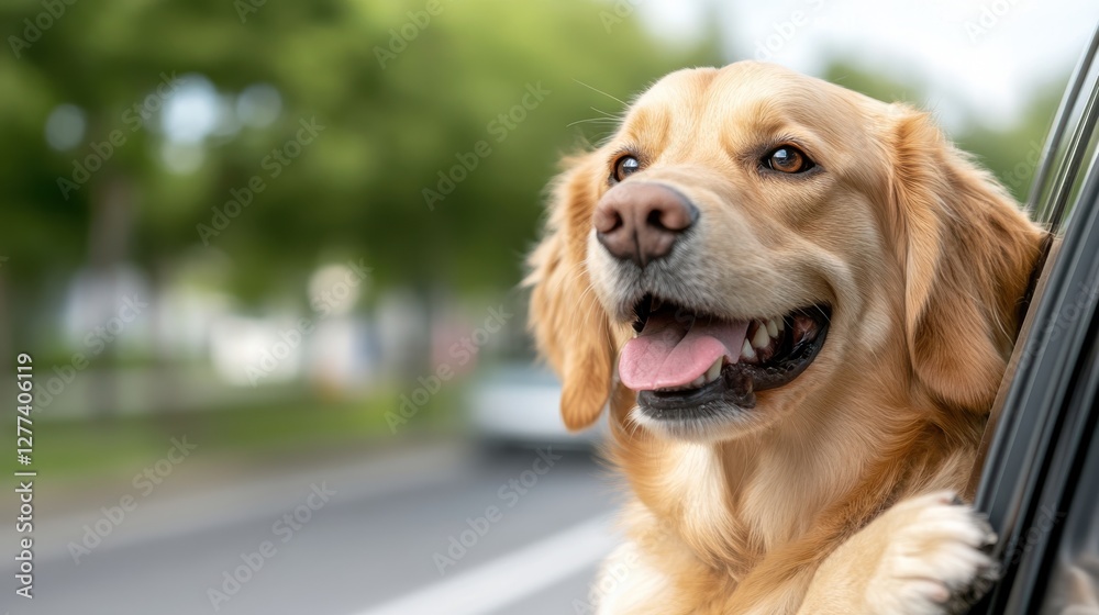 Joyful dog enjoying the breeze from the car window on a sunny day Joyful dog enjoying the breeze from the car window on a sunny day