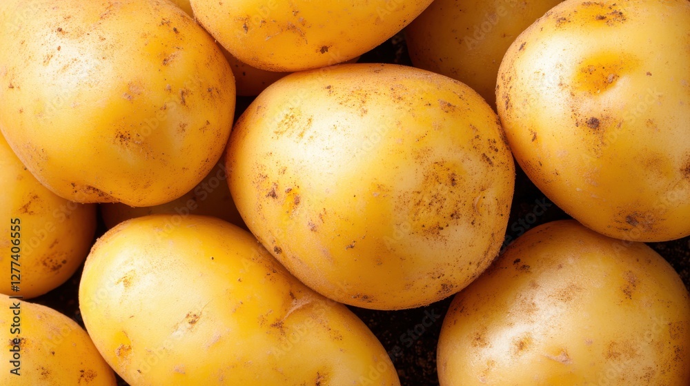 Harvesting organic yellow potatoes from rich soil in a close-up view
