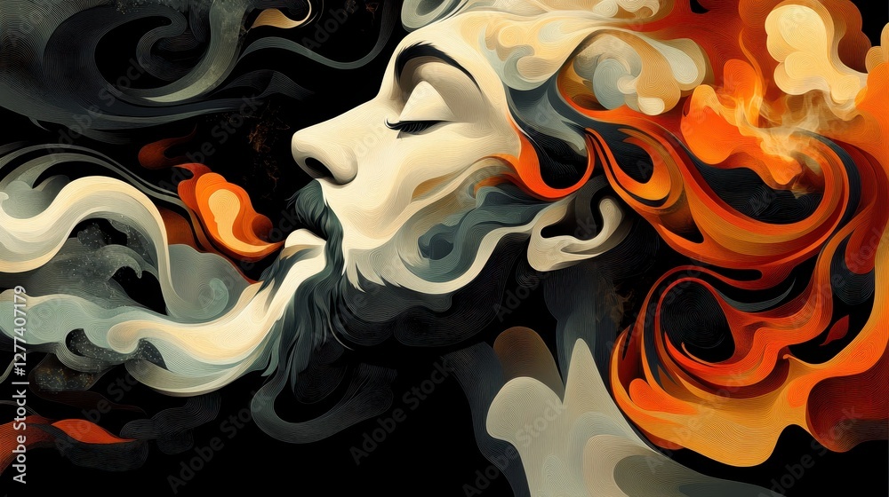 Obraz premium Mesmerizing abstract portrait of dreamy person with surreal swirling hair and beard, blending fiery oranges and cool greys in harmonious waves