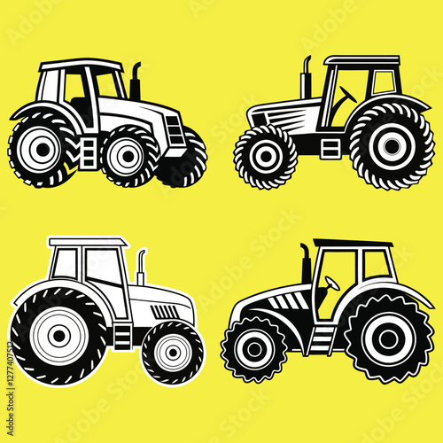Four Farm Tractor Silhouettes Against a Bright Yellow Background