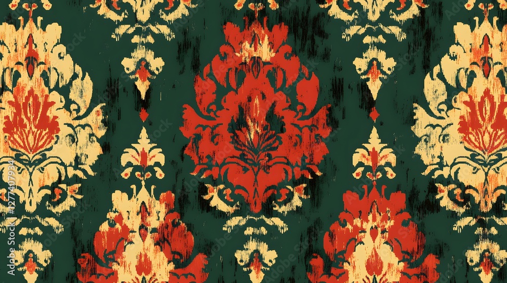 Damask seamless pattern,Ikat floral seamless pattern on green background,vector illustration,Ikat ethnic oriental embroidery,Aztec style,baroque.design for texture,fab,clothing,decoration,fashion,tile Damask seamless pattern,Ikat floral seamless pattern on green background,vector illustration,Ikat ethnic oriental embroidery,Aztec style,baroque.design for texture,fab,clothing,decoration,fashion,tile
