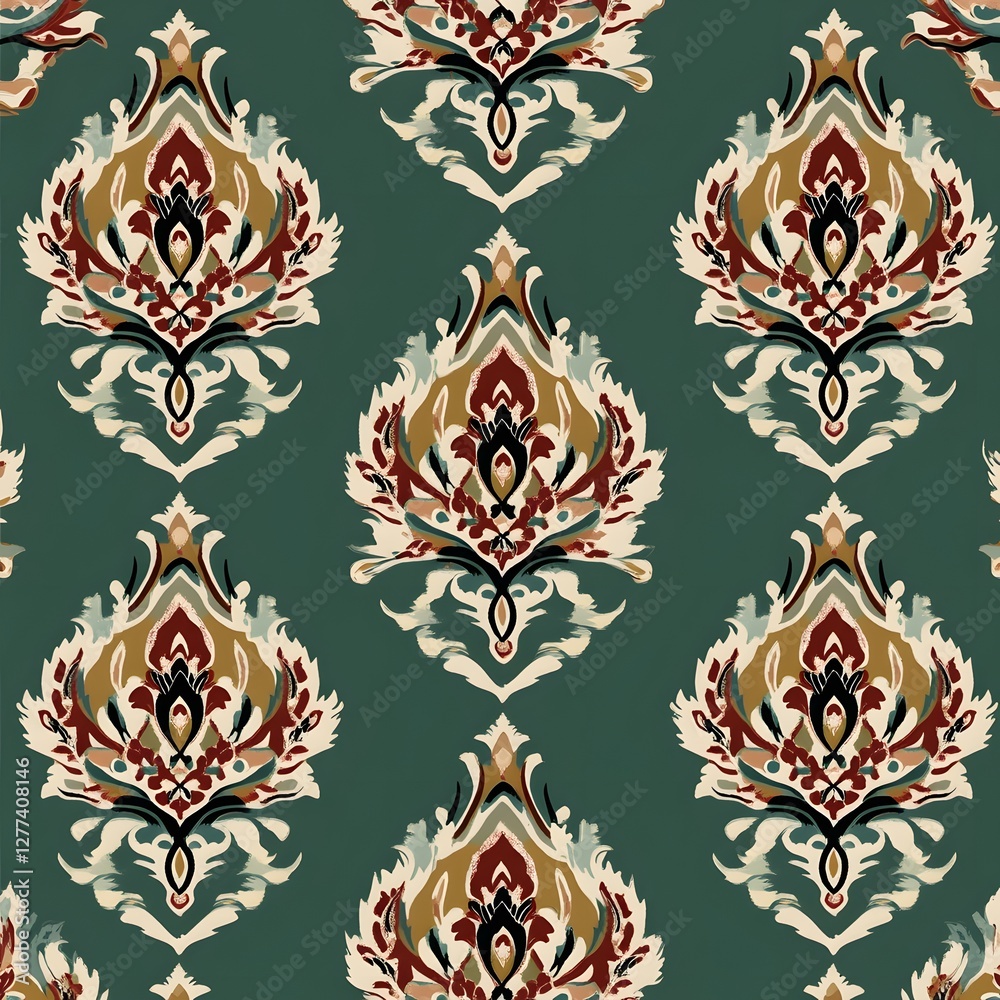 Damask seamless pattern,Ikat floral seamless pattern on green background,vector illustration,Ikat ethnic oriental embroidery,Aztec style,baroque.design for texture,fab,clothing,decoration,fashion,tile Damask seamless pattern,Ikat floral seamless pattern on green background,vector illustration,Ikat ethnic oriental embroidery,Aztec style,baroque.design for texture,fab,clothing,decoration,fashion,tile