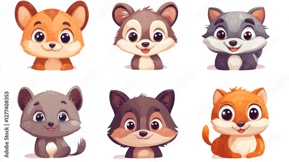 Fototapeta premium Cute cartoon animal faces, various breeds.