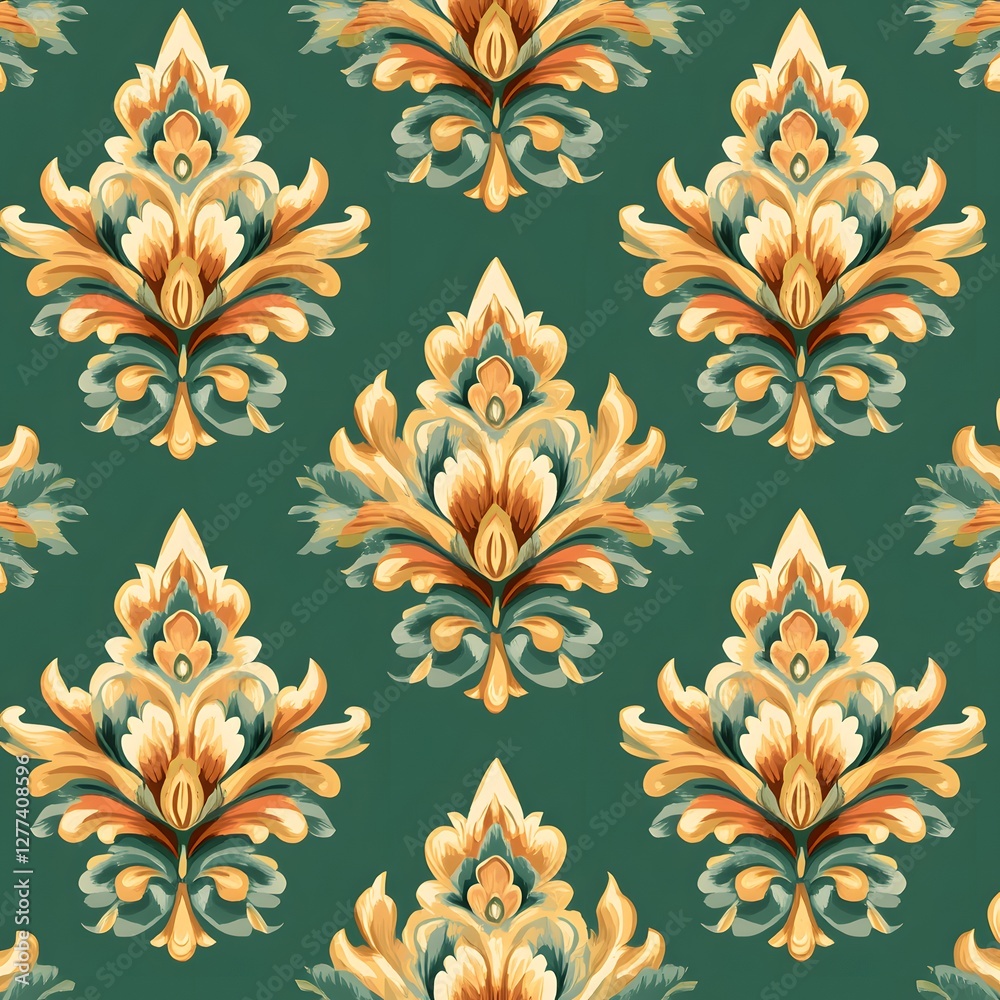 Damask seamless pattern,Ikat floral seamless pattern on green background,vector illustration,Ikat ethnic oriental embroidery,Aztec style,baroque.design for texture,fab,clothing,decoration,fashion,tile Damask seamless pattern,Ikat floral seamless pattern on green background,vector illustration,Ikat ethnic oriental embroidery,Aztec style,baroque.design for texture,fab,clothing,decoration,fashion,tile