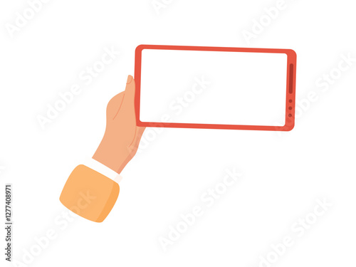 A hand holds a smartphone with a blank template screen. This mobile device offers versatile platform for applications and communication. A user interacts with digital touchscreen, ideal for online