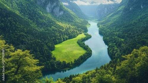 Serpentine River Flows Through Lush Green Mountain Valley