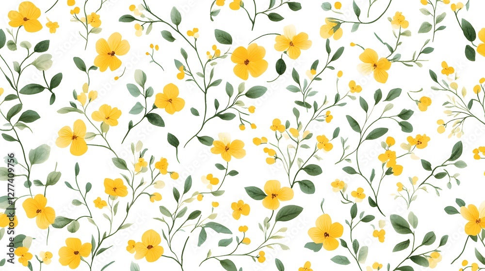 Romantic floral print, seamless pattern with small yellow flowers, fresh leaves, tiny twigs scattered on a white background. Liberty botanical background with painted plants. Romantic floral print, seamless pattern with small yellow flowers, fresh leaves, tiny twigs scattered on a white background. Liberty botanical background with painted plants.