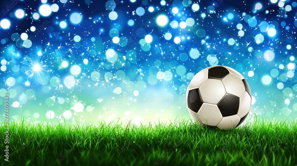 Naklejka premium Soccer ball on grass, magical night background, celebratory atmosphere, stock photo