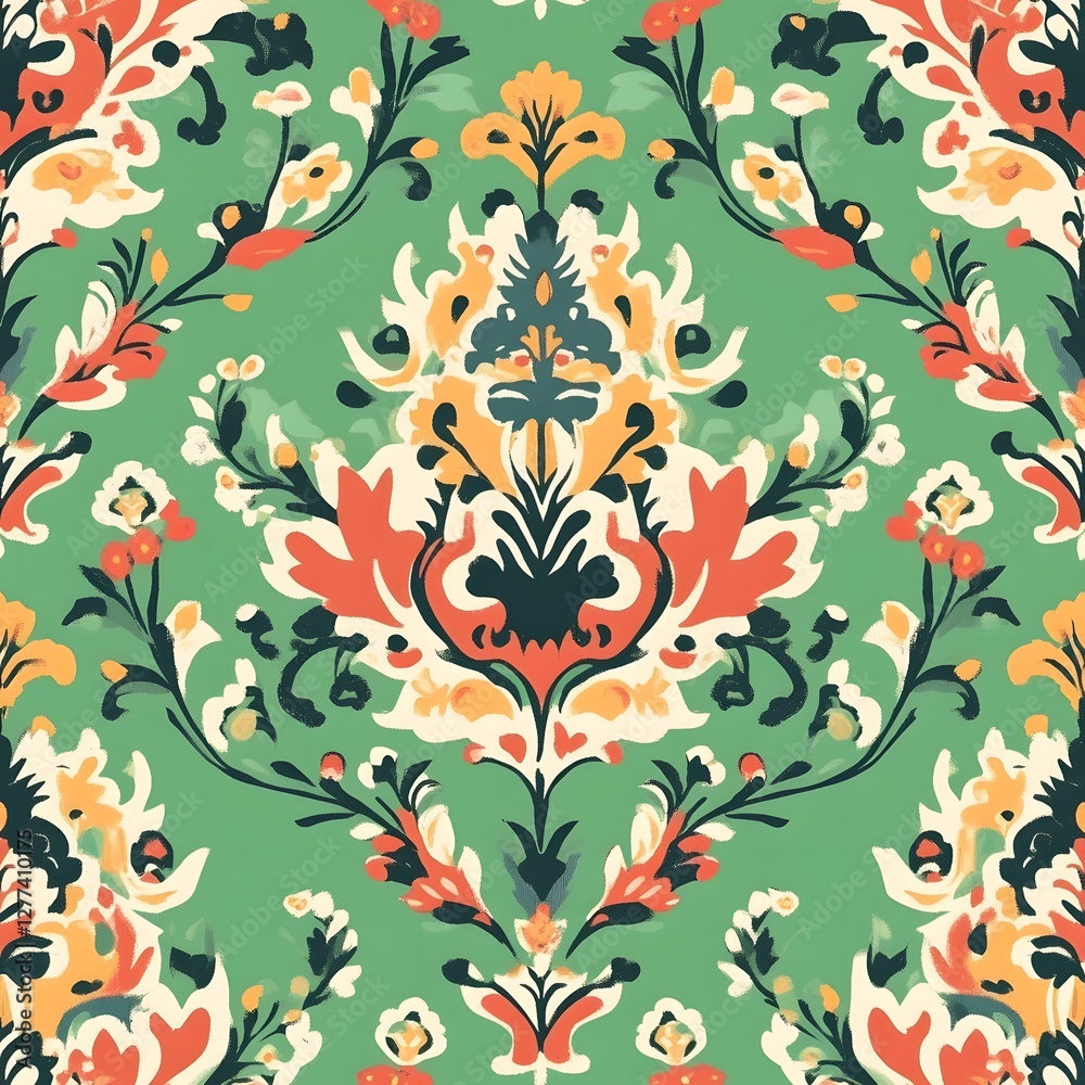 Damask seamless pattern,Ikat floral seamless pattern on green background,vector illustration,Ikat ethnic oriental embroidery,Aztec style,baroque.design for texture,fab,clothing,decoration,fashion,tile Damask seamless pattern,Ikat floral seamless pattern on green background,vector illustration,Ikat ethnic oriental embroidery,Aztec style,baroque.design for texture,fab,clothing,decoration,fashion,tile