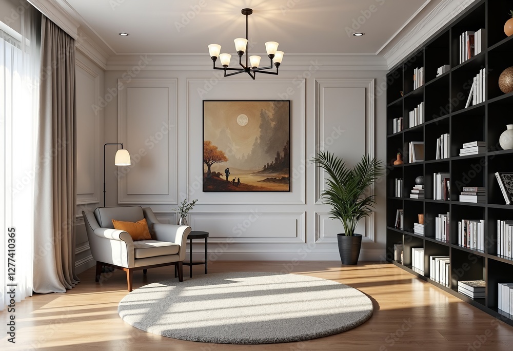 Fototapeta premium Elegant Daytime Study Space: Light Silver Walls, Modern Chandelier, Walnut Bookcase & Comfortable Wool Carpet - Warm & Inviting