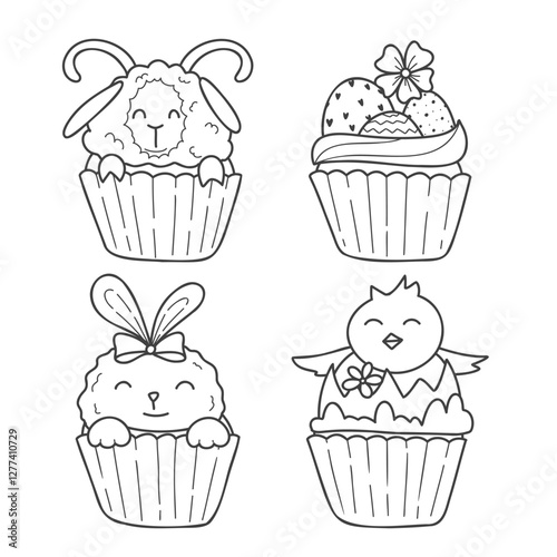 Set of doodle vector illustrations for Easter day. Cute Easter cupcakes with sheep, chick, eggs, bunny. Easter child coloring page