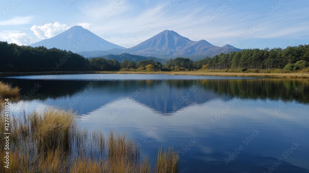 Volcanic peaks reflected in a calm lake surrounded by trees Volcanic peaks reflected in a calm lake surrounded by trees