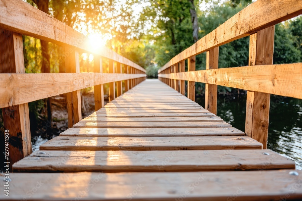 Wooden bridge over calm water at sunset with sun flare creating a tranquil and peaceful scene natural light and serene mood for travel and nature photography Wooden bridge over calm water at sunset with sun flare creating a tranquil and peaceful scene natural light and serene mood for travel and nature photography