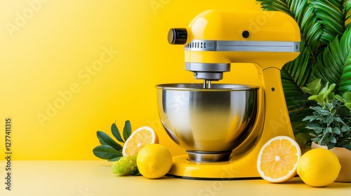 Bright yellow kitchen mixer with a metallic bowl surrounded by fresh lemons and greenery photo