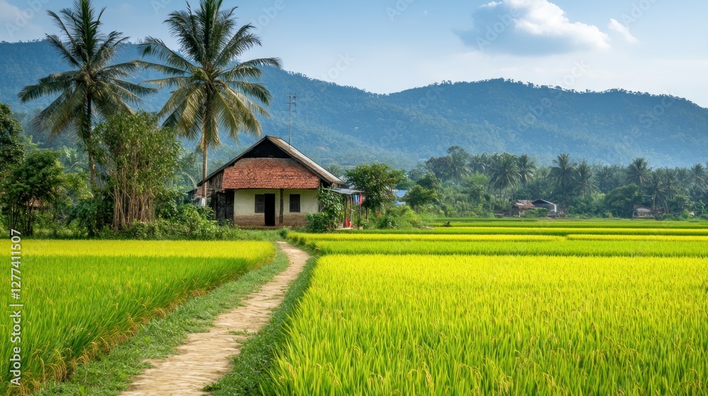 A serene rural landscape featuring a house surrounded by rice fields and mountains. A serene rural landscape featuring a house surrounded by rice fields and mountains.