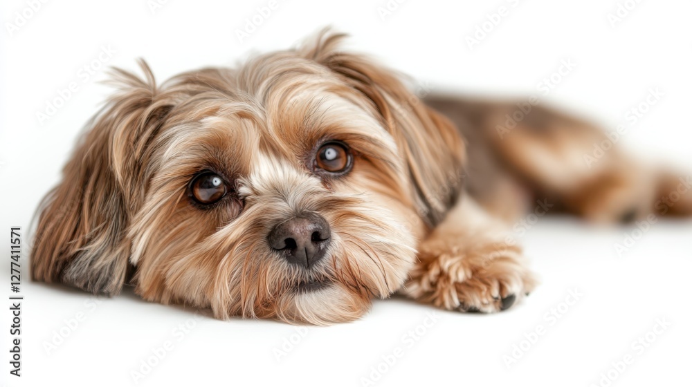 Charming Maltipoo with kind eyes poses in studio setting Charming Maltipoo with kind eyes poses in studio setting