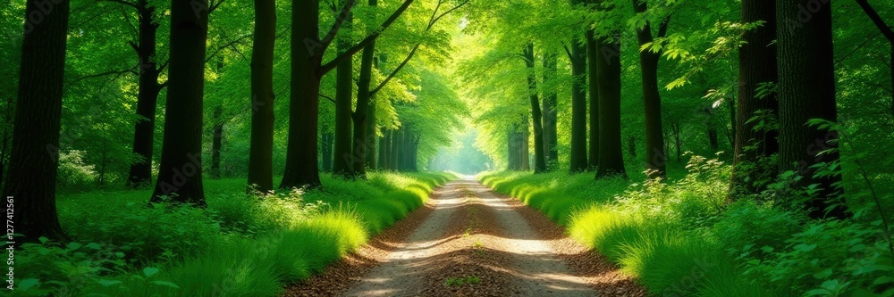 Fototapeta premium A tranquil forest path unwinds beneath leafy canopies, pathway, woods, trees