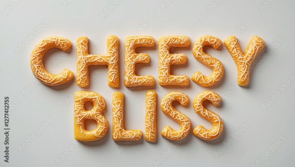 A close-up view of the phrase cheesy bliss created with yellow, cheese-textured letters sprinkled with sesame seeds against a light background A close-up view of the phrase cheesy bliss created with yellow, cheese-textured letters sprinkled with sesame seeds against a light background