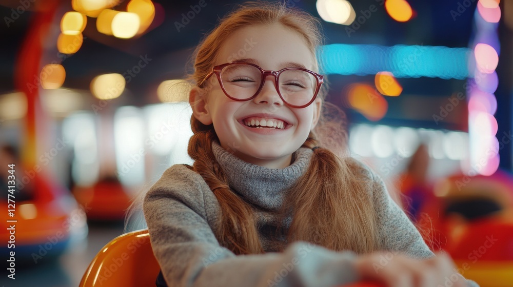 Fototapeta premium Joyful Girl with Glasses Enjoying Amusement Park Ride Experience