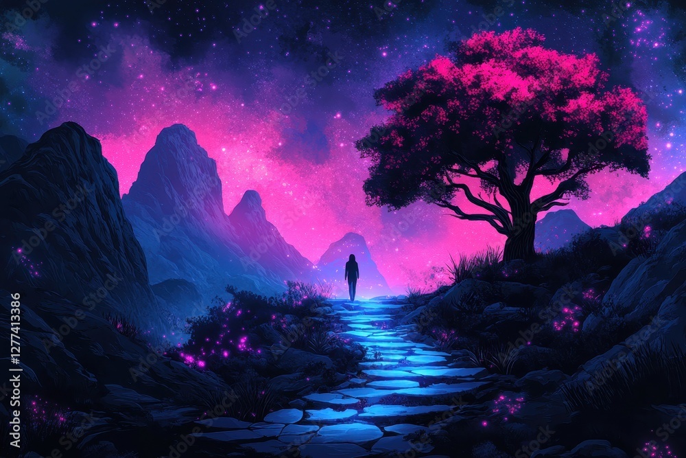 Obraz premium Solitary Figure Walking on a Dazzling Path with Luminous Pink Tree and Vibrant Galaxy Backdrop in Majestic Landscape of Illuminated Night Sky