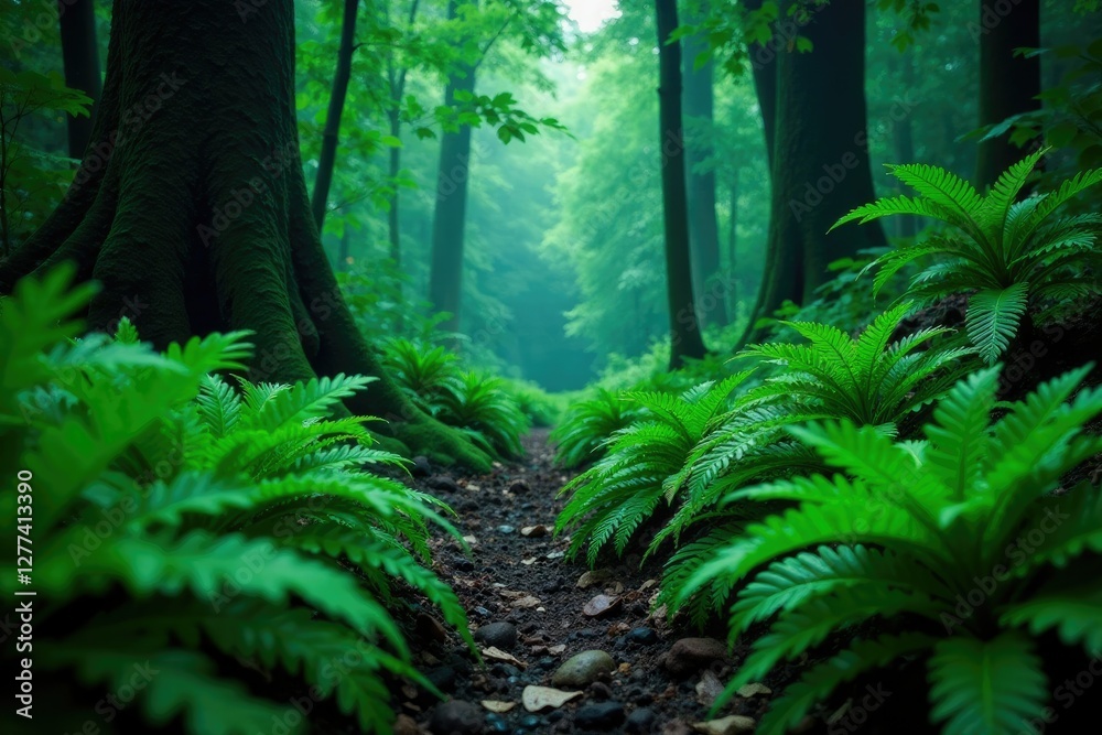 Dark forest floor with clusters of tropical ferns, verdant landscapes, dense undergrowth Dark forest floor with clusters of tropical ferns, verdant landscapes, dense undergrowth