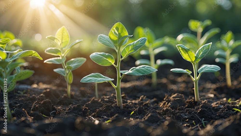 Close-up view of young green seedlings emerging from rich brown soil under soft sunlight, symbolizing growth and renewal Close-up view of young green seedlings emerging from rich brown soil under soft sunlight, symbolizing growth and renewal