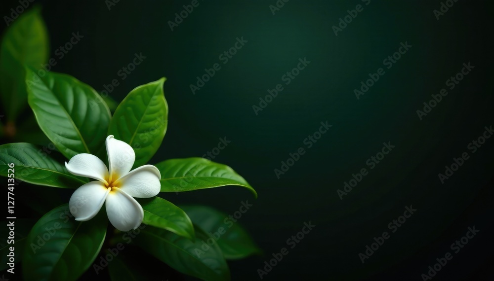 Dark, glossy background with lush green leaves and a few jasmine flowers in the foreground, florals, blossom Dark, glossy background with lush green leaves and a few jasmine flowers in the foreground, florals, blossom