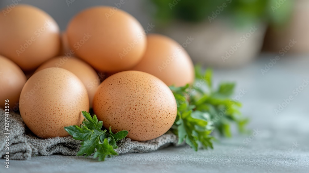 Freshly gathered chicken eggs resting on soft linen with herbs Freshly gathered chicken eggs resting on soft linen with herbs