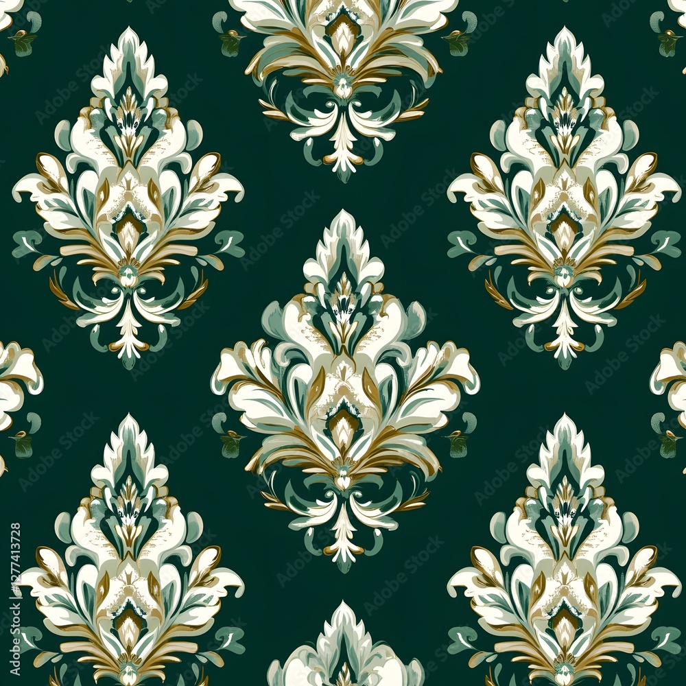 Damask seamless pattern,Ikat floral seamless pattern on green background,vector illustration,Ikat ethnic oriental embroidery,Aztec style,baroque.design for texture,fab,clothing,decoration,fashion,tile Damask seamless pattern,Ikat floral seamless pattern on green background,vector illustration,Ikat ethnic oriental embroidery,Aztec style,baroque.design for texture,fab,clothing,decoration,fashion,tile