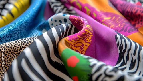 Colorful silk fabric featuring assorted animal print patterns