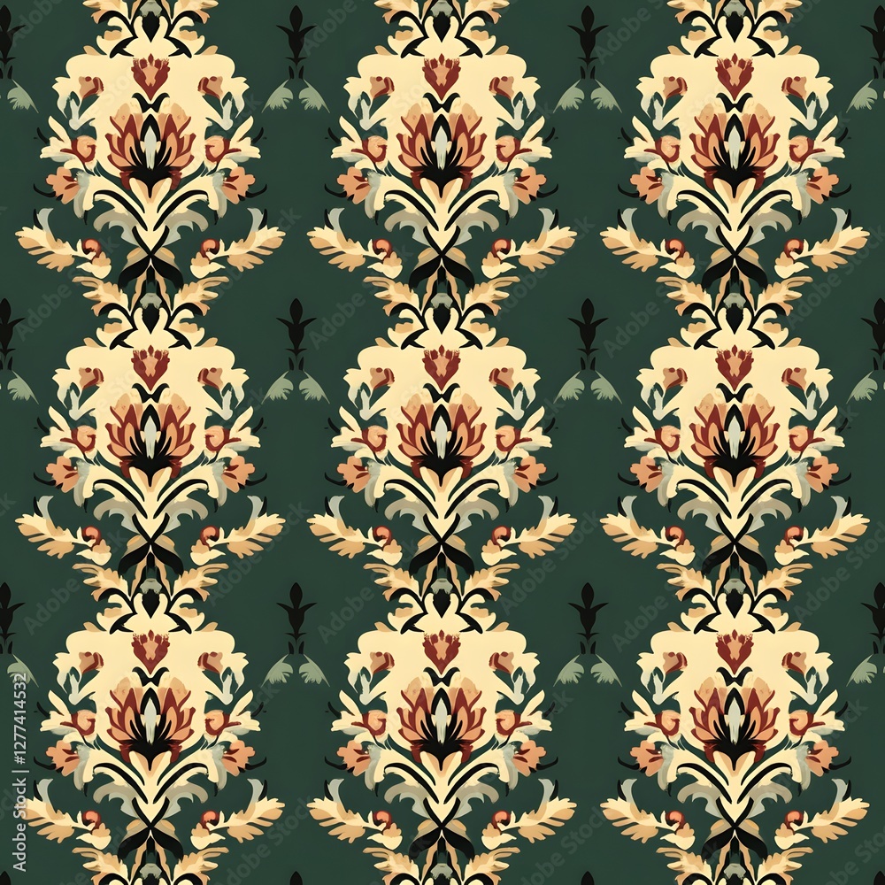 Damask seamless pattern,Ikat floral seamless pattern on green background,vector illustration,Ikat ethnic oriental embroidery,Aztec style,baroque.design for texture,fab,clothing,decoration,fashion,tile Damask seamless pattern,Ikat floral seamless pattern on green background,vector illustration,Ikat ethnic oriental embroidery,Aztec style,baroque.design for texture,fab,clothing,decoration,fashion,tile